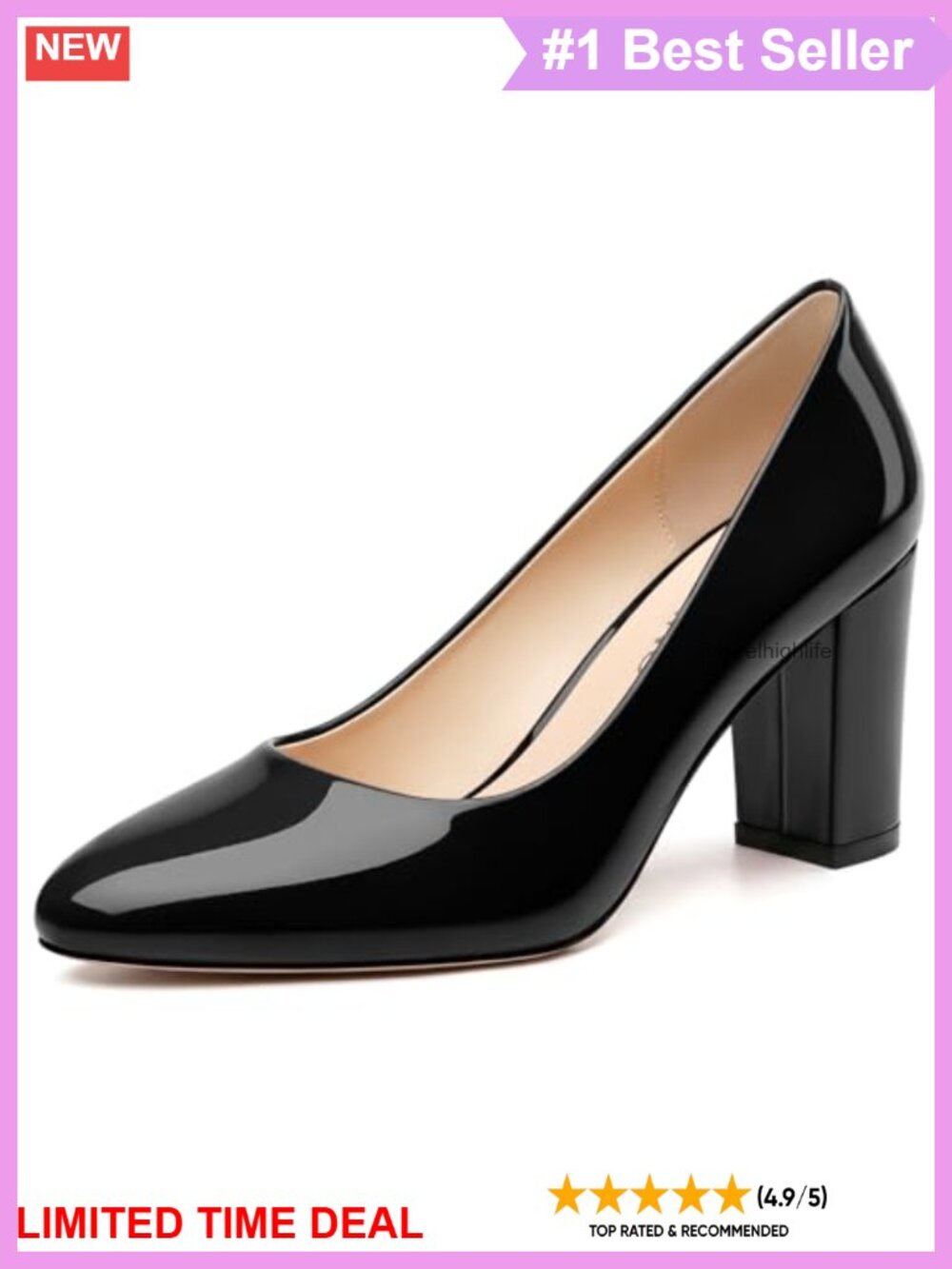Women's Closed Toe Chunky High Heels Slip On Patent Leather Dress Pumps